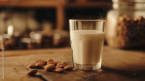 A glass of milk and some almond nuts on the wooden table