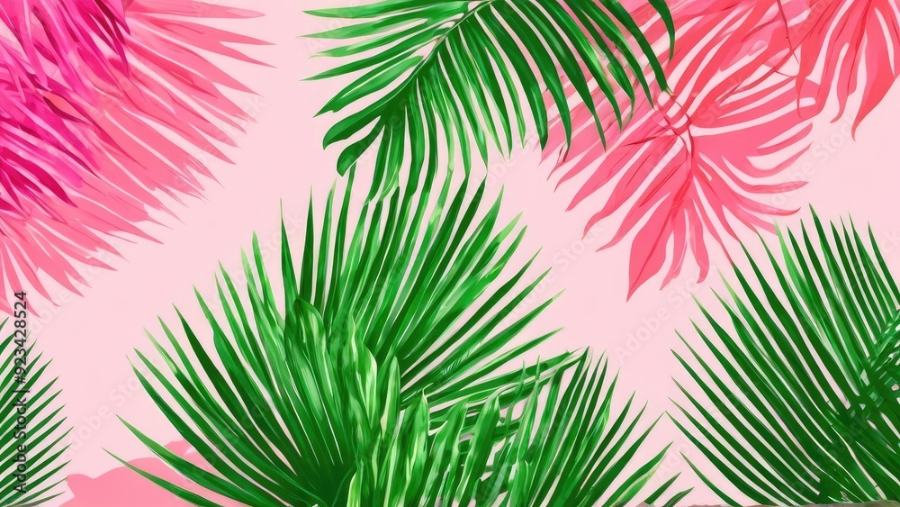 Green tropical leaves arranged against a soft pink background, creating a fresh and vibrant botanical composition