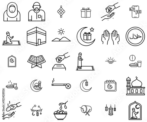 Set Of Linear Ramadhan Isolated Silhouette Solid Icons With Islam,Ramadhan,Mubarak,Muslim,Kareem Solid Icon Collection. Vector Illustration