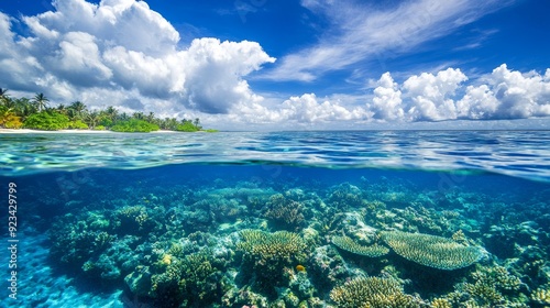 A breathtaking view of a tropical island with lush vegetation and a crystal-clear ocean, showcasing the beauty of both the surface and underwater world with coral reefs.