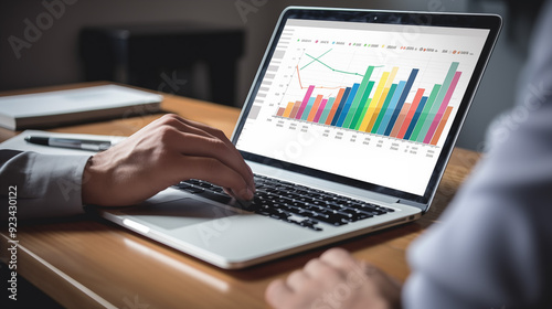 Close up hands of businesswoman working about financial and typing chart data on laptop keyboard.