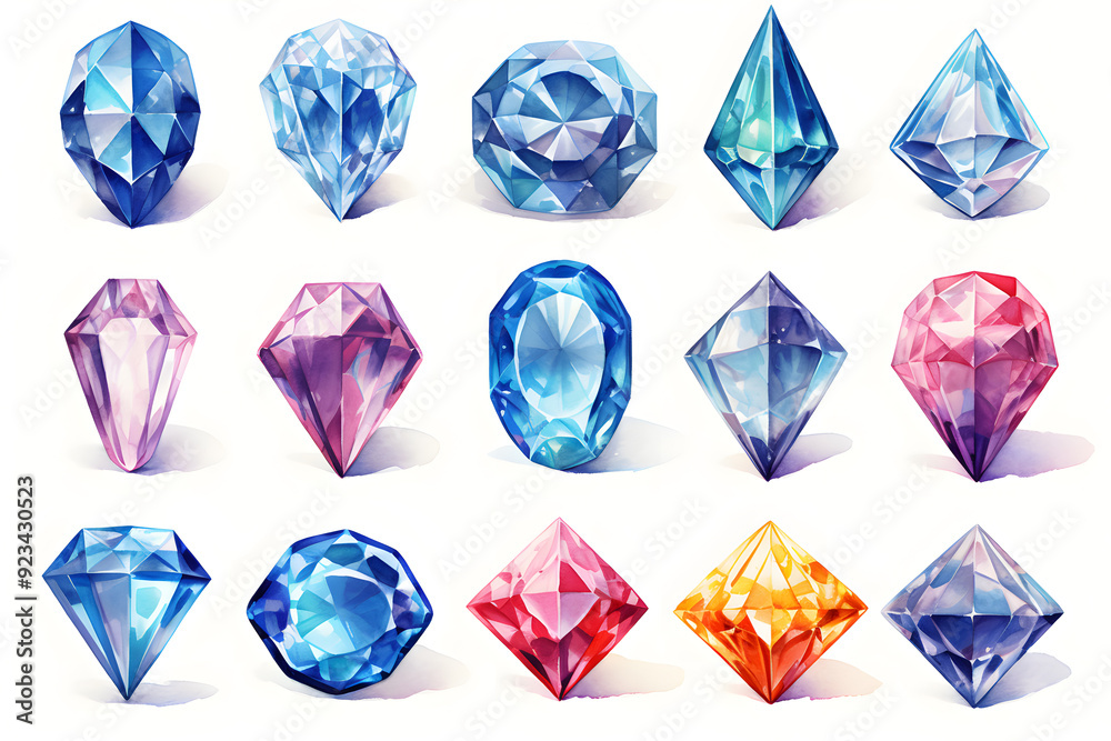 Watercolor crystal gems set. Hand drawn illustration isolated on white background Watercolor crystal gems set. Hand drawn illustration isolated on white background