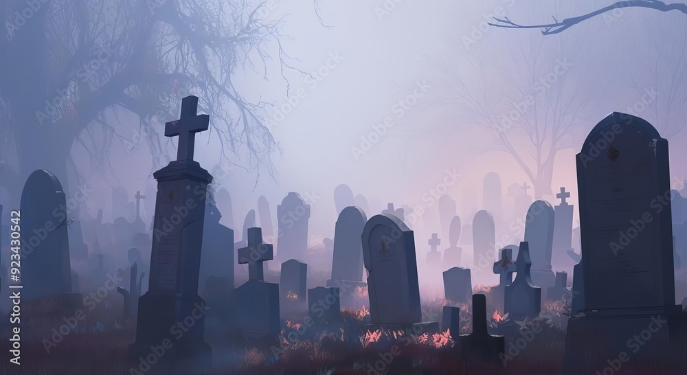 Eerie graveyard shrouded in mist, featuring dramatic tombstones and a haunting atmosphere perfect for Halloween themes. Eerie graveyard shrouded in mist, featuring dramatic tombstones and a haunting atmosphere perfect for Halloween themes.