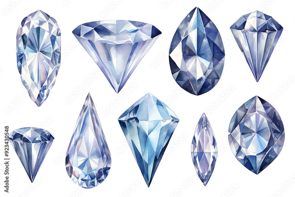 Watercolor crystal gems set. Hand drawn illustration isolated on white background Watercolor crystal gems set. Hand drawn illustration isolated on white background