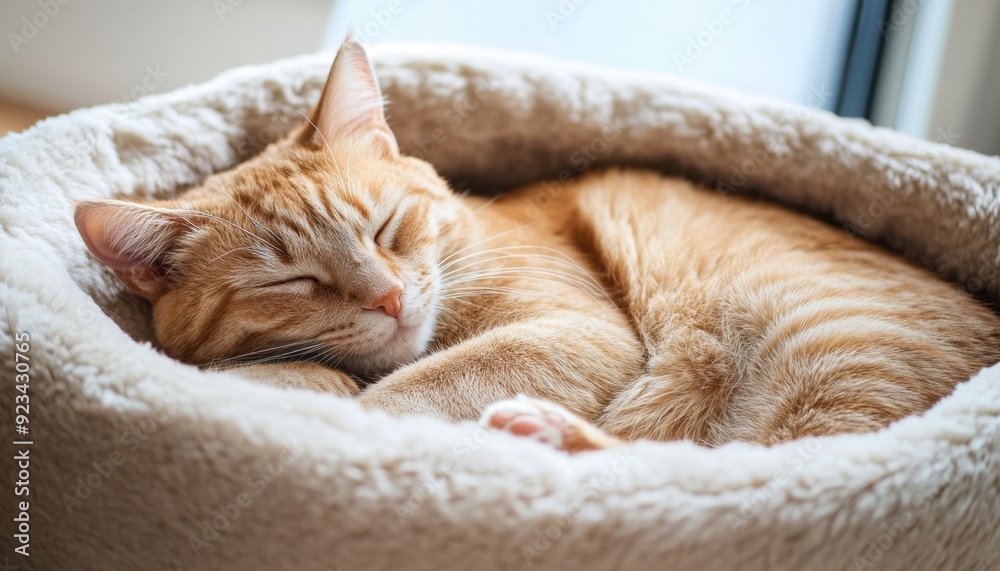 Orange cat sleeping peacefully in a cozy pet bed near a window on a sunny day Orange cat sleeping peacefully in a cozy pet bed near a window on a sunny day