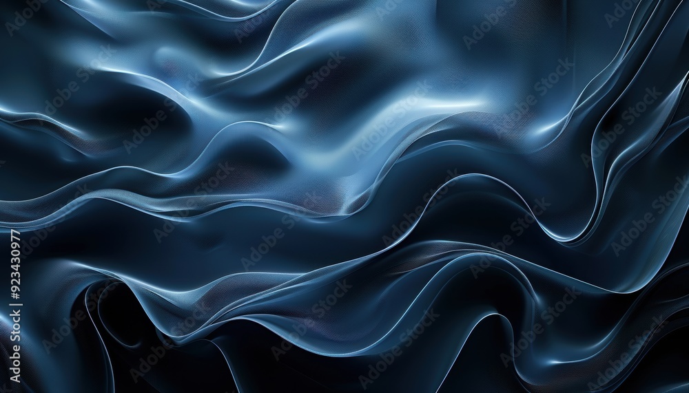 Flowing dark blue fabric waves creating a smooth and elegant texture in soft lighting Flowing dark blue fabric waves creating a smooth and elegant texture in soft lighting