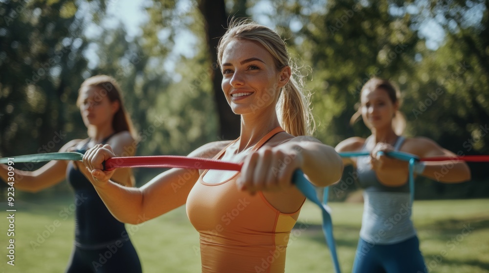 Friends Working Out with Resistance Bands in a Park Generative AI Friends Working Out with Resistance Bands in a Park Generative AI