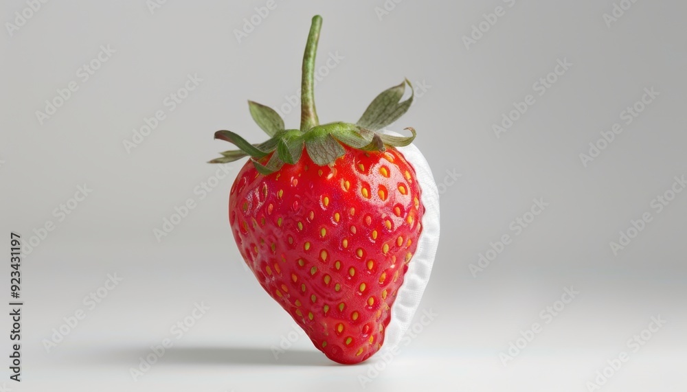 Bright red strawberry with a cream filling against a neutral background Bright red strawberry with a cream filling against a neutral background