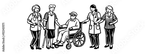 Nurses help and care for the health of older men and women in a nursing home or hospital Vector