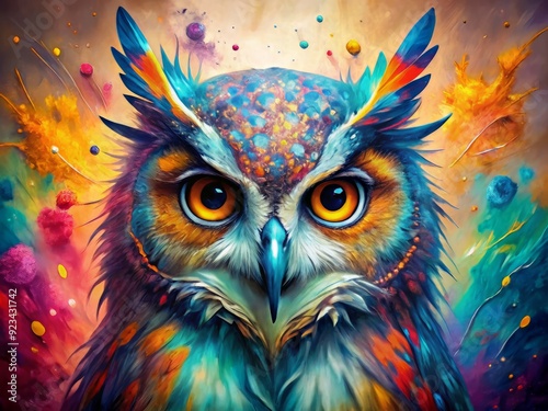 Vibrant splashes of paint converge to form a captivating portrayal of a majestic owl amidst a kaleidoscope of colors, blending artistry and nature in a mesmerizing masterpiece.