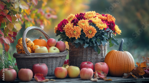 Fall setting with pumpkins, apples, and a basket of chrysanthemums