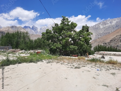 Beautiful view of the Passu Cones. The Passu Cones are a mountain range in Gilgit Baltistan, Pakistan. They are called Passu Cones because of their conical shape. photo