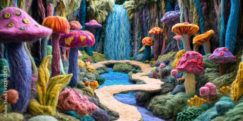 Colorful Felt Forest with Winding Paths and Mushrooms, Ideal for Whimsical Backgrounds or Fantasy Scenes Generative AI