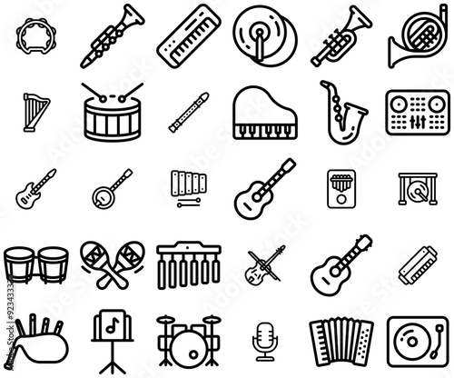 Mega Set Of Vector Musical Instrument Isolated Silhouette Solid Icons With String-Instrument,Music,Wind-Instrument,Orchestra,Percussion Pictograms And Infographics Design Elements Vector Illustration