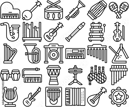 Set Of Linear Music Instrument Icons Silhouette Vector Logo Design Containing Percussion,Musical,Music,Orchestra,Instrument Pictograms And Infographics Design Elements Vector Illustration