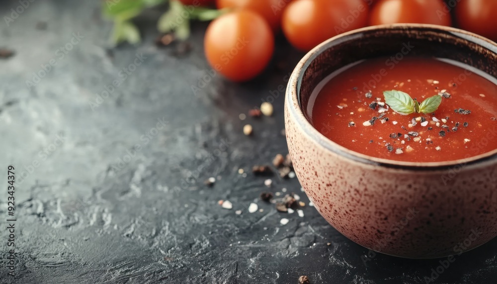 Fresh tomato soup served in a rustic bowl with herbs and spices on a dark textured surface Fresh tomato soup served in a rustic bowl with herbs and spices on a dark textured surface