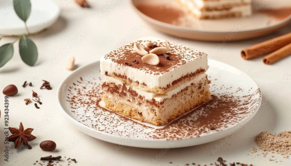 Layers of tiramisu dessert served on a decorative plate with spices and nuts Layers of tiramisu dessert served on a decorative plate with spices and nuts