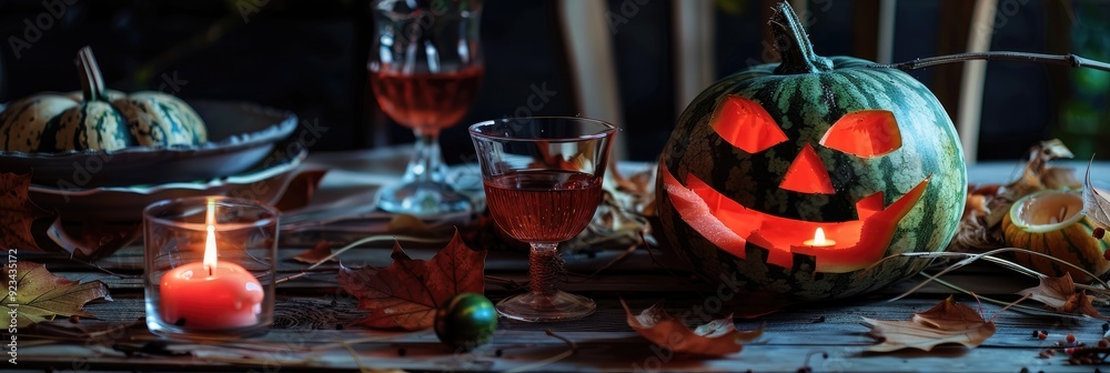 Halloween decor featuring a carved watermelon head, dried leaves, lit candles, and a cup with a glass.