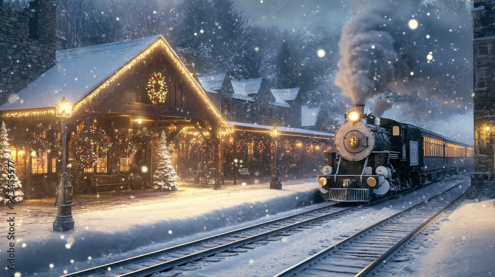 Electric train arriving at a quaint, snow-dusted station with festive holiday decorations and steam rising from the train. Electric train arriving at a quaint, snow-dusted station with festive holiday decorations and steam rising from the train.