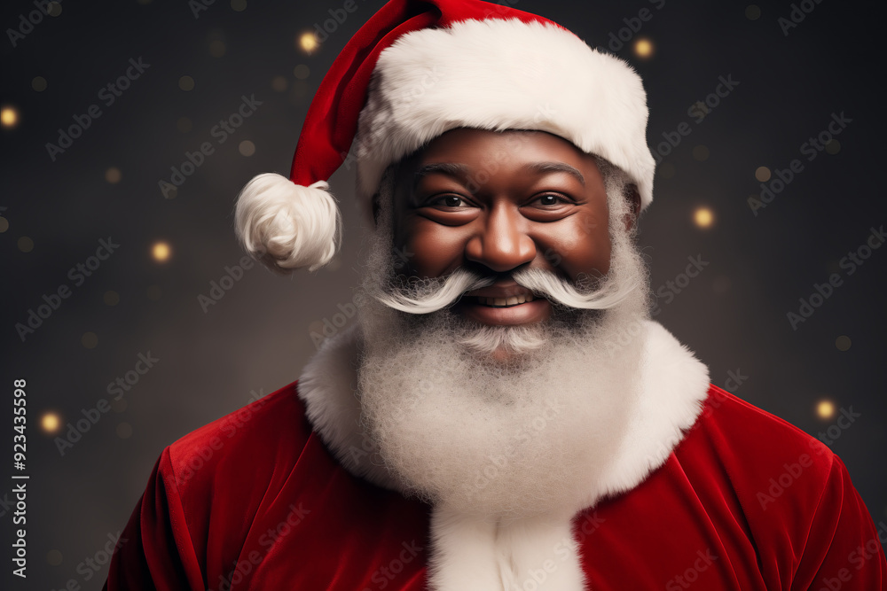 portrait of joyful african american santa claus smiling at camera on dark background