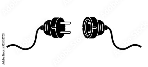 Hand drawn cute cartoon illustration of electric plug and socket. Flat vector disconnected energy cord doodle style. Power consumption. System network error 404 icon. Not found mistake. Isolated.