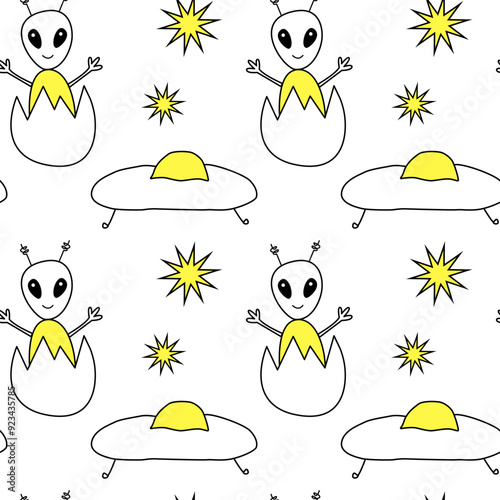 Alien and spaceship baby cute seamless pattern. Vector illustration. Funny children background. Line art for kids clothes print. Hand drawn sketch doodle style.