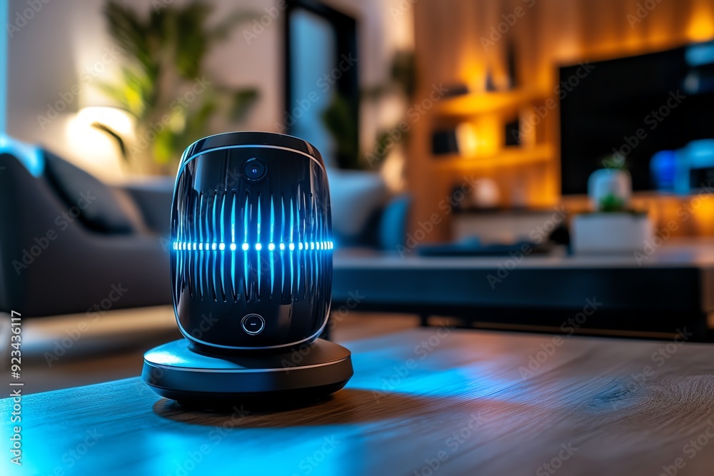 A smart home assistant being used to control the security system through voice commands, adjusting settings and checking the status of all sensors and cameras A smart home assistant being used to control the security system through voice commands, adjusting settings and checking the status of all sensors and cameras