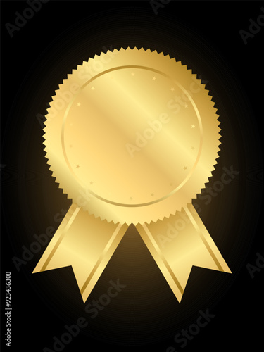 Gold medal with ribbon, Golden Gradient Badge Round circle and Shiny ribbon Realistic Vector with Decorations for winner sports awards , medallions for champion, anniversary or even celebration