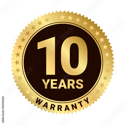 10 years warranty label. Ten Years warranty Sticker label in golden color. Warranty stamp banner for service provider. Gold Stars and Ten years text label, tag or stamp Premium Quality warranty badge