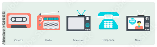 A set of 5 Communication icons as casette, radio, television
