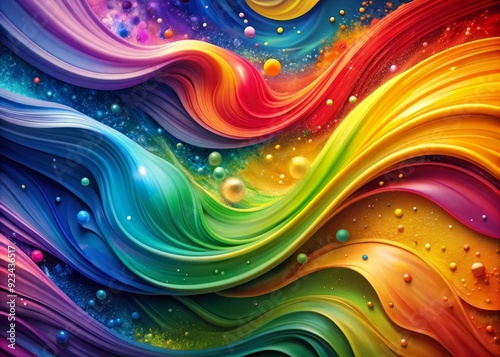 Vibrant colorful abstract background featuring wavy brush strokes, swirls, and splashes of paint in a fluid, dynamic, and textured design with a 3D rainbow effect.
