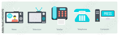A set of 5 Communication icons as news, television, telefax