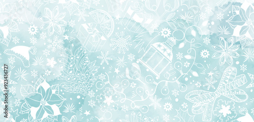 Pre-made  Christmas  design with traditional festive symbols on blue watercolor background. Vector layout decorative greeting card or invitation design background. 
