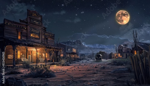 Old West town under a full moon with a wagon on a dirt road at night
