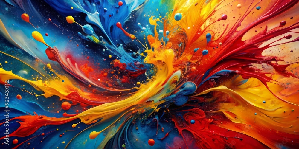 Obraz premium Vibrant abstract background featuring dynamic oil paint splashes in bold red, blue, and yellow hues, evoking feelings of energy, creativity, and artistic expression.