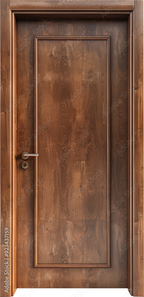 A close-up shot of a solid wood door with a simple handle. A close-up shot of a solid wood door with a simple handle.