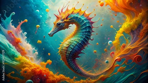 Vibrant seahorse swims through a kaleidoscope of colors, splashing paint in its wake, creating an artistic explosion of turquoise, orange, and yellow hues in the ocean. photo