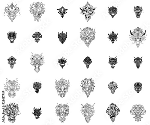 A Collection Of Line Art Dragon Icons Web Header Banner Design Containing Mask,Thai,Dragon-Face,Dragon,Demon Stroke Icon Collection. Vector Illustration