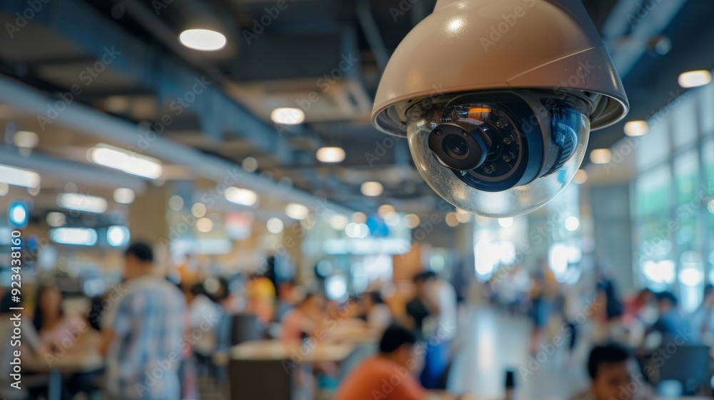 A prominent surveillance camera oversees a busy cafeteria area filled with people, ensuring security and order within the dynamic and lively setting of the place. A prominent surveillance camera oversees a busy cafeteria area filled with people, ensuring security and order within the dynamic and lively setting of the place.