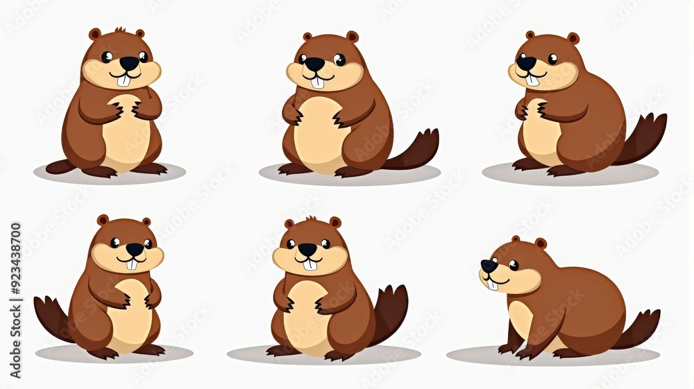 Fototapeta premium Cute Cartoon Beavers Illustration - Adorable Groundhog Day Characters with Smiling Faces