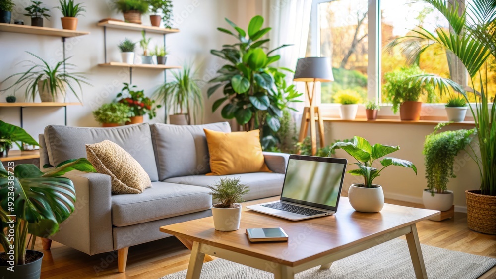 A comfortable living room setup with a laptop open on a couch, showing a virtual therapist session, surrounded by calming plants and a warm atmosphere. A comfortable living room setup with a laptop open on a couch, showing a virtual therapist session, surrounded by calming plants and a warm atmosphere.