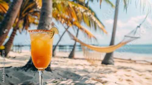 A tropical cocktail with a lime garnish stands in the foreground on a sandy beach. Hammocks between palm trees and a stunning ocean view create a perfect tropical retreat.