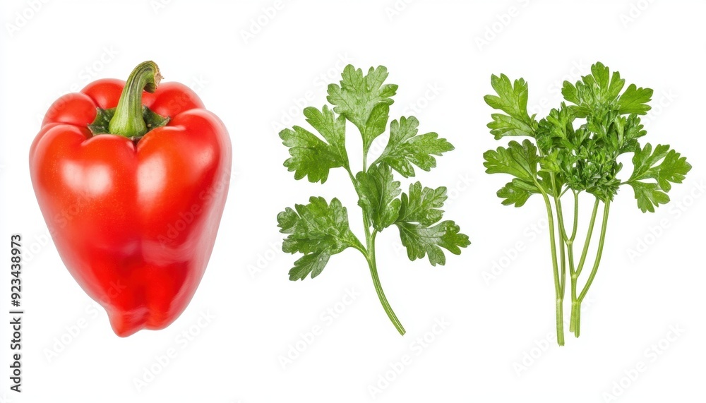 Fresh red bell pepper and cilantro sprigs on white background Fresh red bell pepper and cilantro sprigs on white background