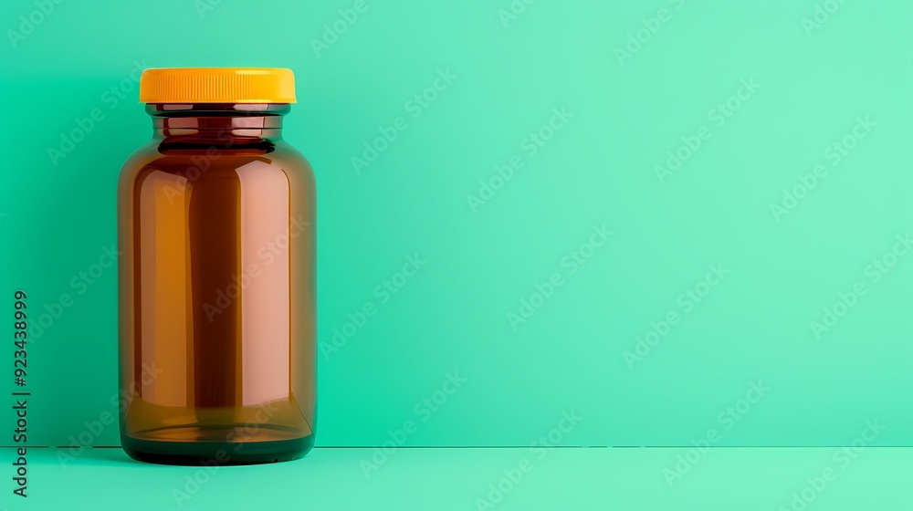 A clean amber glass bottle with a vibrant yellow cap stands against a turquoise background, ideal for product packaging designs.