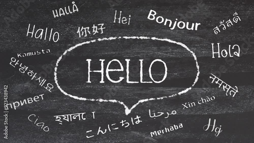 Hello in differnt international language text write on chalkboard animation cinematic title abstract background 