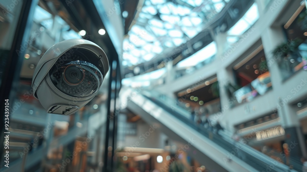 Close-up view of a security camera ensuring safety and surveillance in a modern, busy shopping mall with multiple floors, shops, escalators and bustling shoppers. Close-up view of a security camera ensuring safety and surveillance in a modern, busy shopping mall with multiple floors, shops, escalators and bustling shoppers.