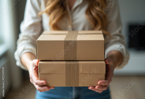 A woman holding two cardboard boxes in her hands, close up photo.