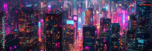 A futuristic city skyline with towering skyscrapers illuminated by vibrant neon lights, symbolizing urban life, technology, progress, innovation, and a dynamic cityscape.