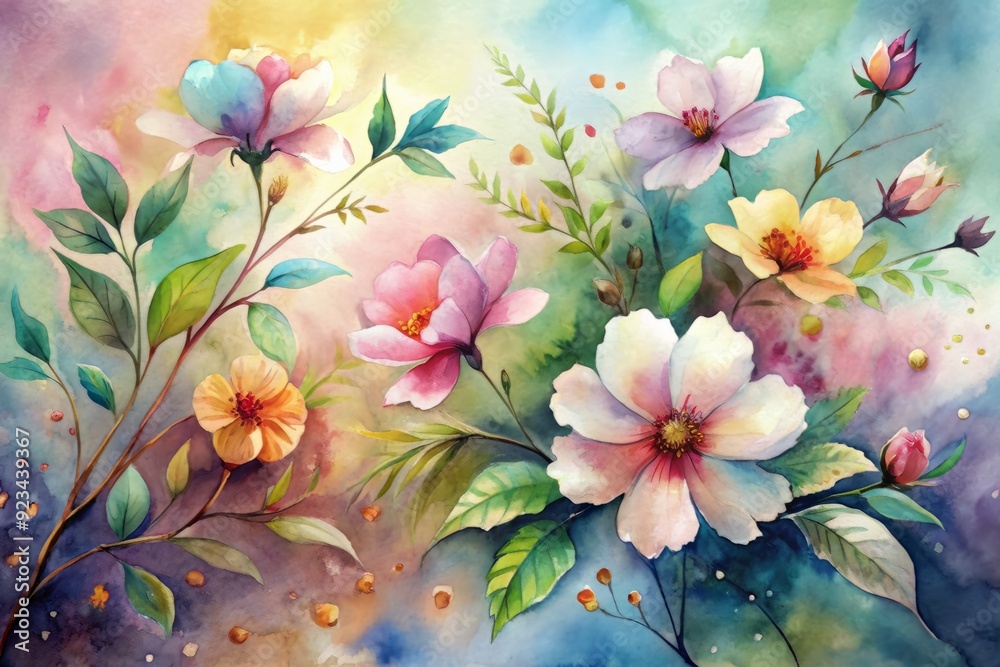 Obraz premium Vibrant watercolor ink painting featuring blooming bright spring flowers and leaves with delicate petals and stems set against a soft, abstract blended background.