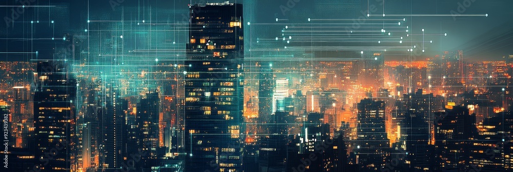 Fototapeta premium A futuristic cityscape with towering skyscrapers illuminated by glowing lights, representing urban development, technology, connectivity, and innovation.
